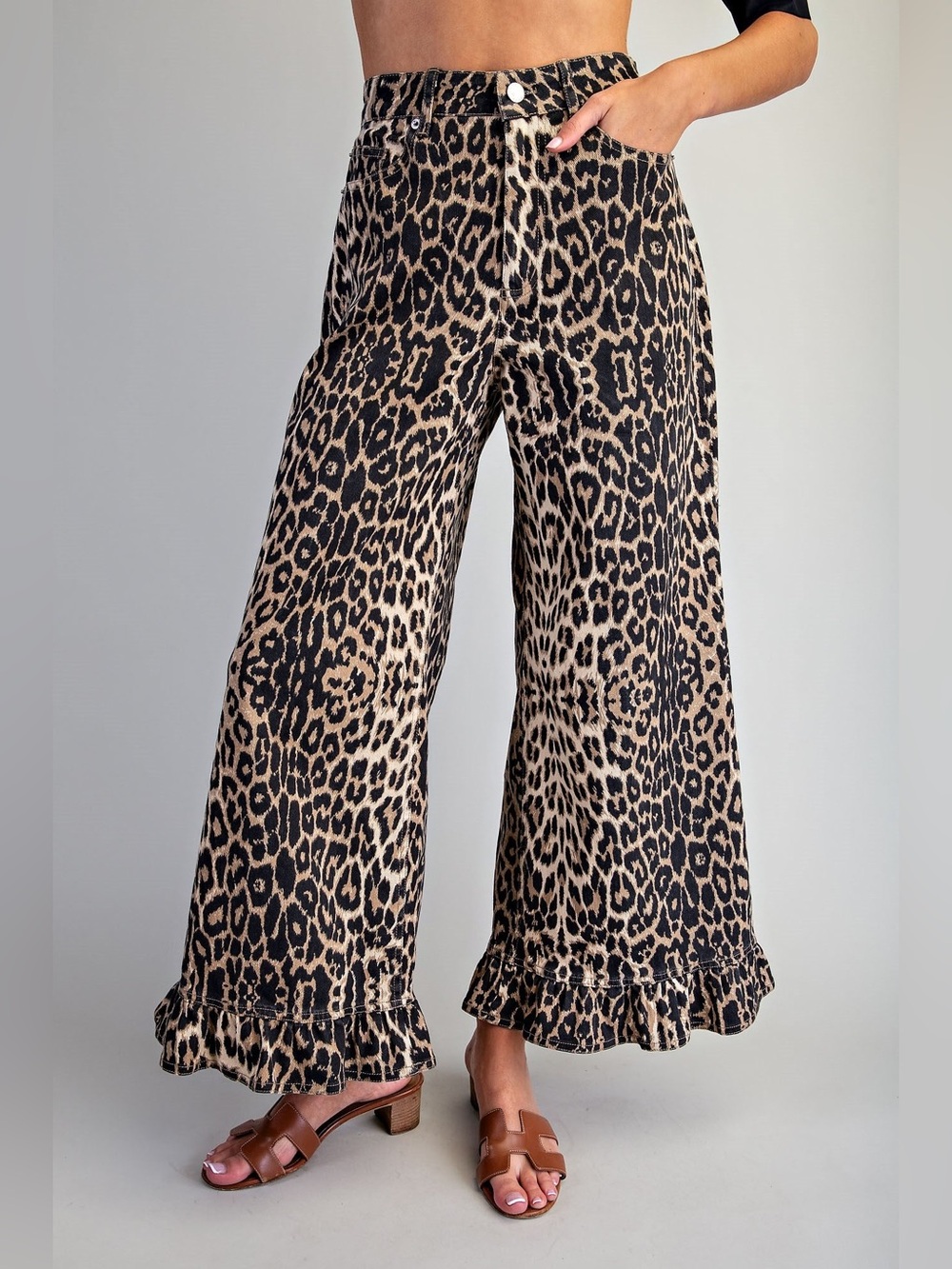 Leopard Ruffle Hem Wide Leg Cropped Jeans - eesome